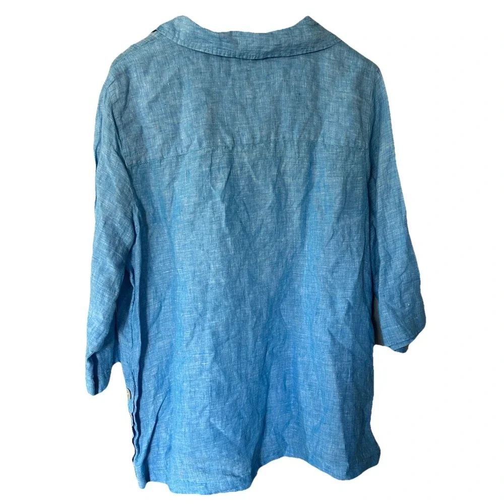 Tahari Top Womens 1X Blue 100% Linen Lagenlook Boxy Coastal Vacation Beachy - Picture 4 of 4